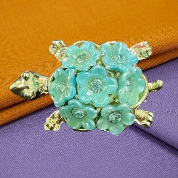 Vintage Blue Flower Gold Tone Turtle Brooch 1960s Cute Figural Pin - Picture 2 of 15